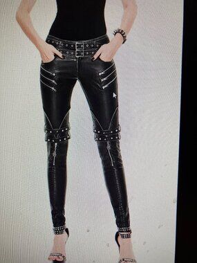 Devil Fashion - Faux Leather Biker Pants with zippers & Skeleton Hands - Small